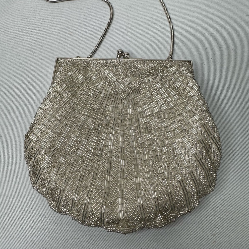 Elegant Silver Beaded Clutch Wristlet